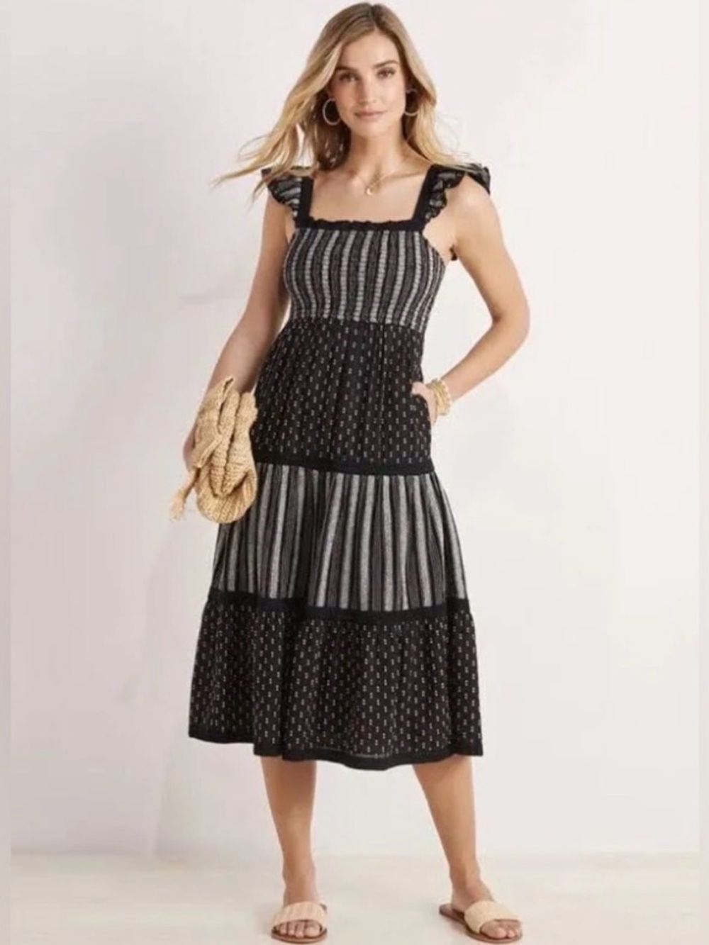 Vineyard Vines Black Small tiered Midi Dress with ruffled cap sleeves